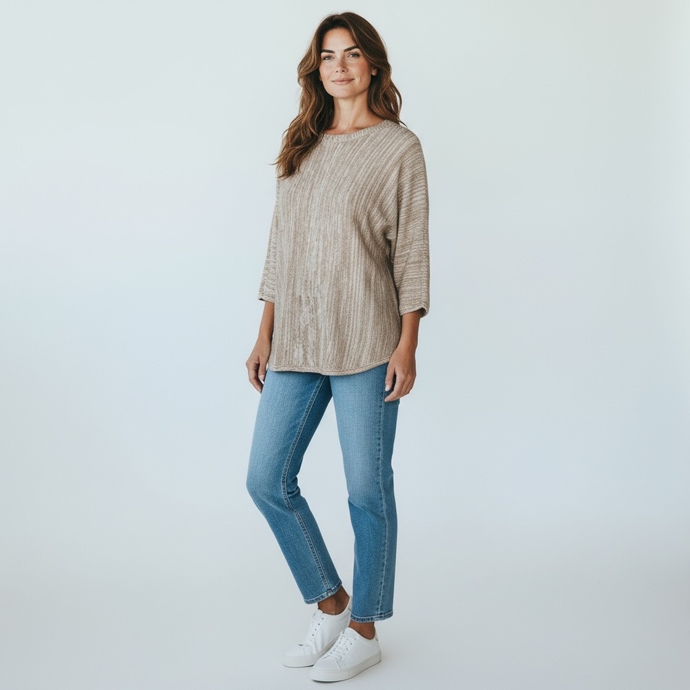 NWT Chico's Crew Neck Taupe Vertical Heather 3/4 Sleeve Pullover Sweater Size 1